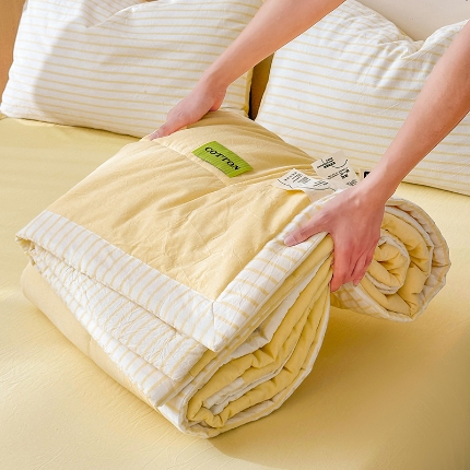 熙宴家纺 2025新款全棉色织水洗棉棉花夏被四件套 淡黄条