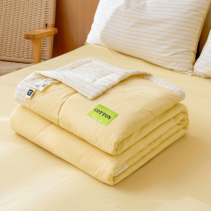 91家纺网 家纺一手货源 找家纺 熙宴家纺 2025新款全棉色织水洗棉棉花夏被四件套 淡黄条