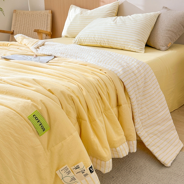 91家纺网 家纺一手货源 找家纺 熙宴家纺 2025新款全棉色织水洗棉棉花夏被四件套 淡黄条