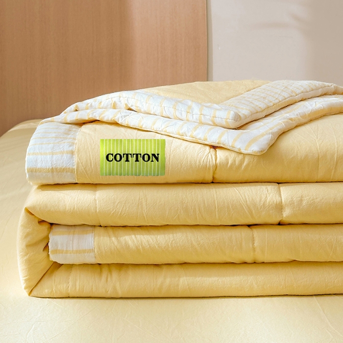 91家纺网 家纺一手货源 找家纺 熙宴家纺 2025新款全棉色织水洗棉棉花夏被四件套 淡黄条