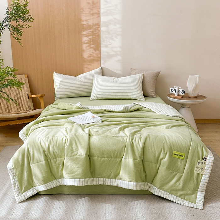91家纺网 家纺一手货源 找家纺 熙宴家纺 2025新款全棉色织水洗棉棉花夏被四件套 果绿条
