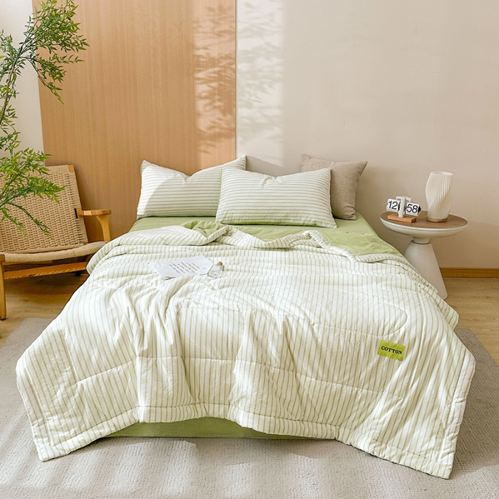 91家纺网 家纺一手货源 找家纺 熙宴家纺 2025新款全棉色织水洗棉棉花夏被四件套 果绿条