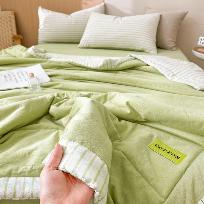 91家纺网 家纺一手货源 找家纺 熙宴家纺 2025新款全棉色织水洗棉棉花夏被四件套 果绿条