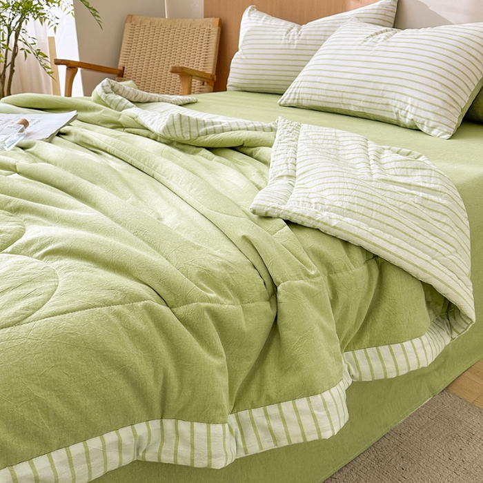 91家纺网 家纺一手货源 找家纺 熙宴家纺 2025新款全棉色织水洗棉棉花夏被四件套 果绿条