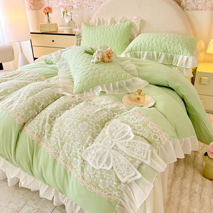 91家纺网 家纺一手货源 找家纺 苏米娜2025韩版法式公主风水洗棉立体花绣花床盖款四件套针织双层纱纯棉麻甜美公主少女心蕾丝花边夹棉床裙款床盖四件套 法派甜心--薄荷绿
