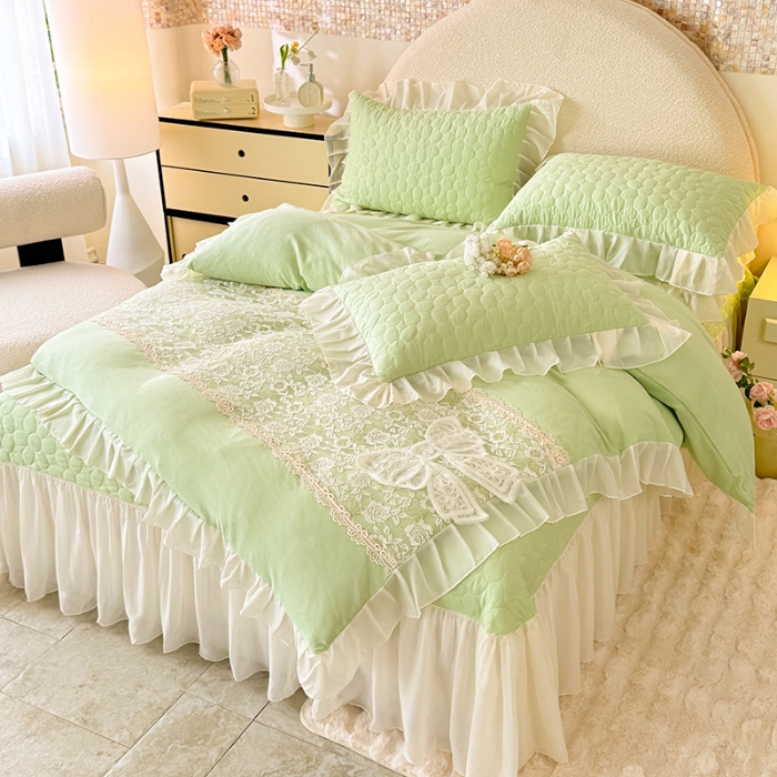 91家纺网 家纺一手货源 找家纺 苏米娜2025韩版法式公主风水洗棉立体花绣花床盖款四件套针织双层纱纯棉麻甜美公主少女心蕾丝花边夹棉床裙款床盖四件套 法派甜心--薄荷绿