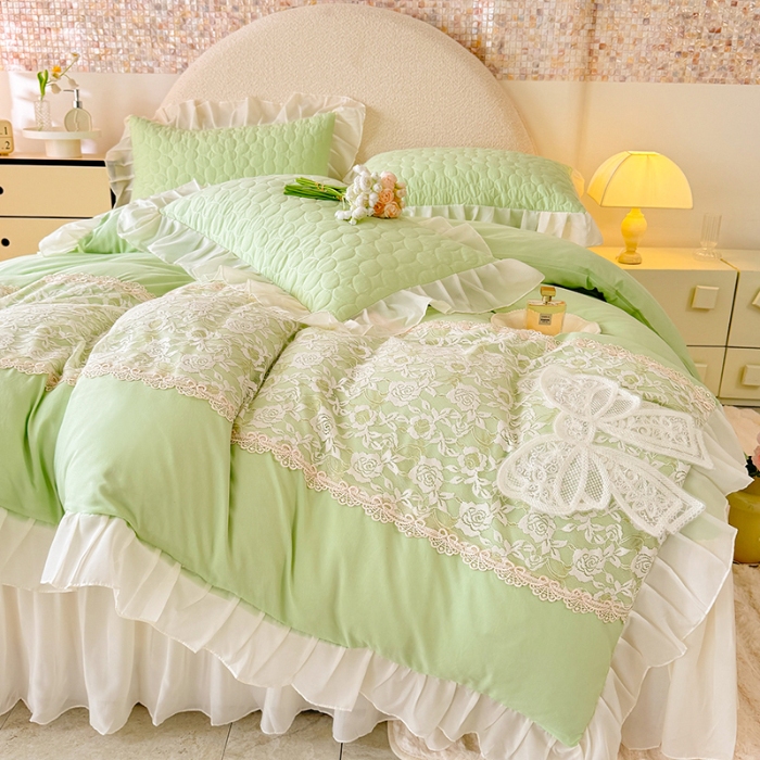 91家纺网 家纺一手货源 找家纺 苏米娜2025韩版法式公主风水洗棉立体花绣花床盖款四件套针织双层纱纯棉麻甜美公主少女心蕾丝花边夹棉床裙款床盖四件套 法派甜心--薄荷绿