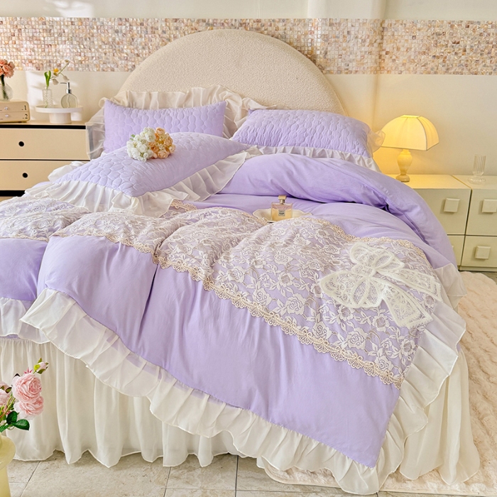 91家纺网 家纺一手货源 找家纺 苏米娜2025韩版法式公主风水洗棉立体花绣花床盖款四件套针织双层纱纯棉麻甜美公主少女心蕾丝花边夹棉床裙款床盖四件套 法派甜心--梦幻紫