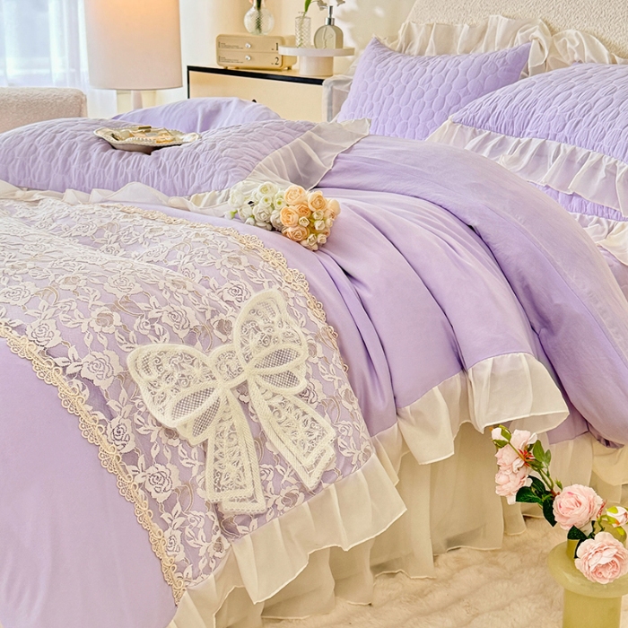 91家纺网 家纺一手货源 找家纺 苏米娜2025韩版法式公主风水洗棉立体花绣花床盖款四件套针织双层纱纯棉麻甜美公主少女心蕾丝花边夹棉床裙款床盖四件套 法派甜心--梦幻紫
