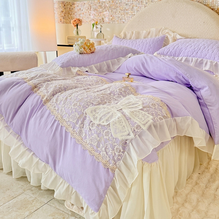 91家纺网 家纺一手货源 找家纺 苏米娜2025韩版法式公主风水洗棉立体花绣花床盖款四件套针织双层纱纯棉麻甜美公主少女心蕾丝花边夹棉床裙款床盖四件套 法派甜心--梦幻紫