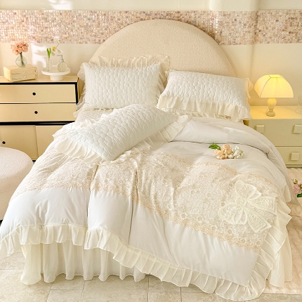 苏米娜2025韩版法式公主风水洗棉立体花绣花床盖款四件套针织双层纱纯棉麻甜美公主少女心蕾丝花边夹棉床裙款床盖四件套 法派甜心--奶昔白 