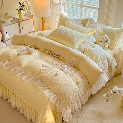 91家纺网 家纺一手货源 找家纺 （总）苏米娜家纺2025春夏新品韩版甜美公主风超柔水洗棉床盖四件套刺绣针织棉双层纱纯棉棉麻全棉少女心夹棉床裙款夏被款床盖四件套