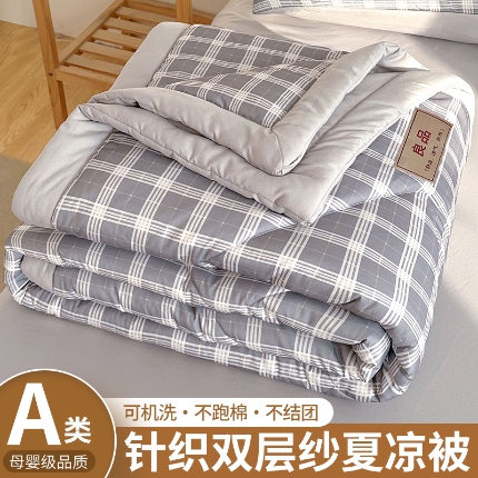 91家纺网 家纺一手货源 找家纺 悦织语 2025新款A类无印风针织双层纱夏被夏凉被空调被 蓝灰格
