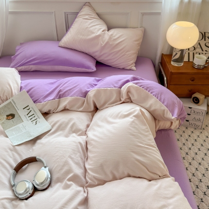 91家纺网 家纺一手货源 找家纺 （总）冕悠家纺 2025新款A类105克超柔褶皱水洗棉拼色四件套