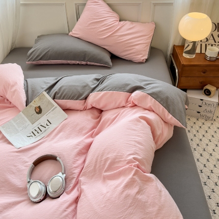 91家纺网 家纺一手货源 找家纺 （总）冕悠家纺 2025新款A类105克超柔褶皱水洗棉拼色四件套