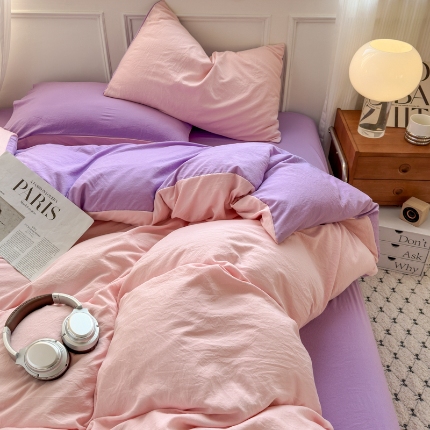 冕悠家纺 2025新款A类105克超柔褶皱水洗棉拼色四件套 樱花粉+丁香紫
