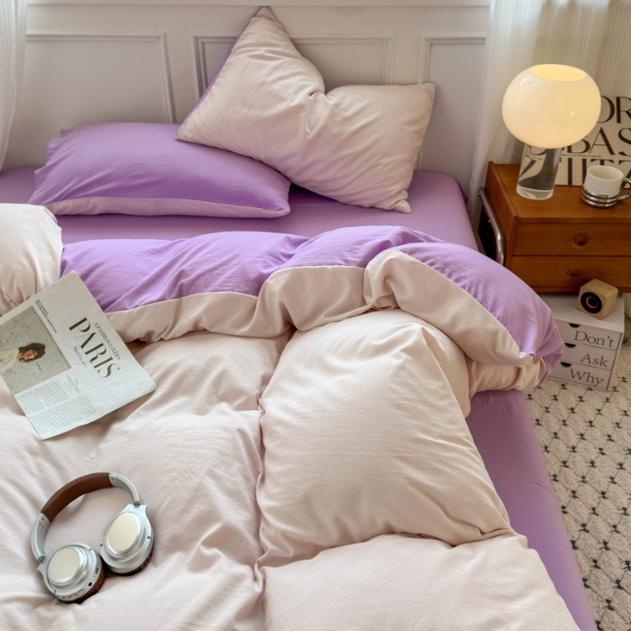 91家纺网 家纺一手货源 找家纺 冕悠家纺 2025新款A类105克超柔褶皱水洗棉拼色四件套 藕粉+丁香紫