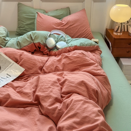 冕悠家纺 2025新款A类105克超柔褶皱水洗棉拼色四件套 马仕橙+芥末绿