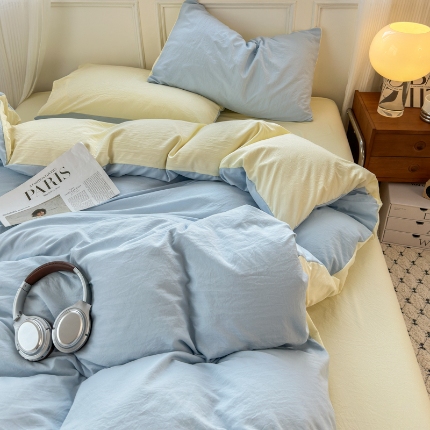 91家纺网 家纺一手货源 找家纺 （总）冕悠家纺 2025新款A类105克超柔褶皱水洗棉拼色四件套-单被套