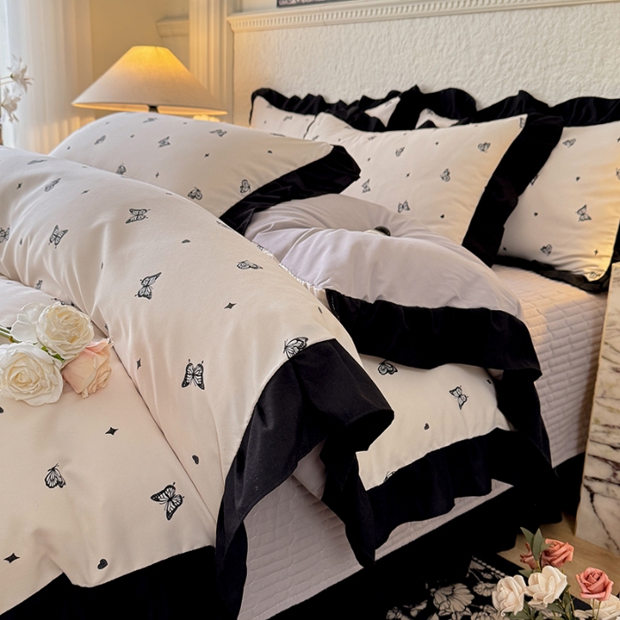 91家纺网 家纺一手货源 找家纺 苏米娜家纺法式A类母婴级针织双层纱床盖款四件套赫本风全棉纯棉麻泡泡棉小竺棉超柔水洗棉床单床盖款 赫本风-蝶舞