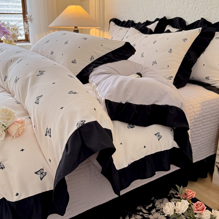 91家纺网 家纺一手货源 找家纺 苏米娜家纺法式A类母婴级针织双层纱床盖款四件套赫本风全棉纯棉麻泡泡棉小竺棉超柔水洗棉床单床盖款 赫本风-蝶舞