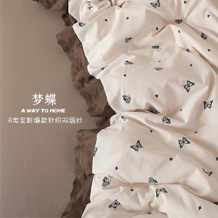 91家纺网 家纺一手货源 找家纺 （总）苏米娜家纺2025春夏新款韩版复古花边A类有氧针织棉双层纱四件套纯棉麻泡泡棉小竺棉四件套法式赫本风水洗棉床盖款四件套