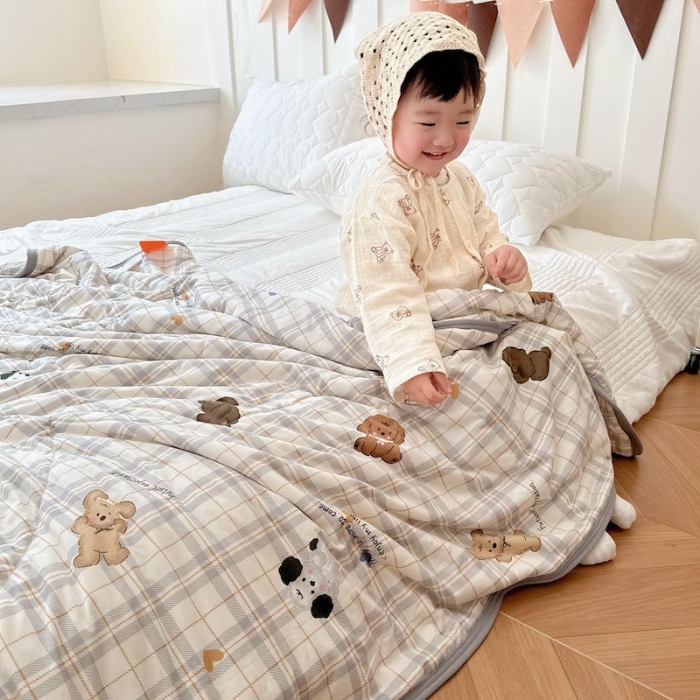 91家纺网 家纺一手货源 找家纺 兜米家居 2025夏季A类针织棉夏凉被小清新卡通双面针织棉空调被子被芯 格子狗