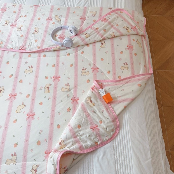 91家纺网 家纺一手货源 找家纺 兜米家居 2025夏季A类针织棉夏凉被小清新卡通双面针织棉空调被子被芯 蝴蝶结兔兔