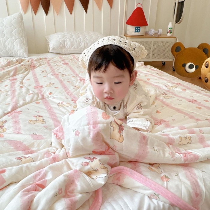 91家纺网 家纺一手货源 找家纺 兜米家居 2025夏季A类针织棉夏凉被小清新卡通双面针织棉空调被子被芯 蝴蝶结兔兔