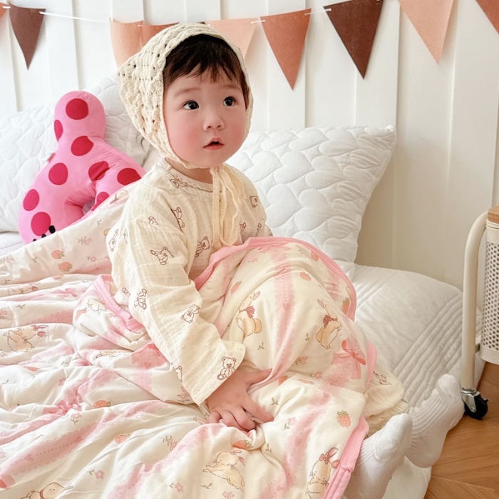 91家纺网 家纺一手货源 找家纺 兜米家居 2025夏季A类针织棉夏凉被小清新卡通双面针织棉空调被子被芯 蝴蝶结兔兔