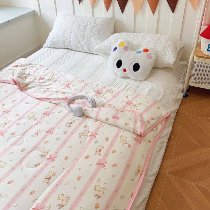 91家纺网 家纺一手货源 找家纺 兜米家居 2025夏季A类针织棉夏凉被小清新卡通双面针织棉空调被子被芯 蝴蝶结兔兔