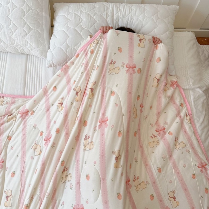 91家纺网 家纺一手货源 找家纺 兜米家居 2025夏季A类针织棉夏凉被小清新卡通双面针织棉空调被子被芯 蝴蝶结兔兔