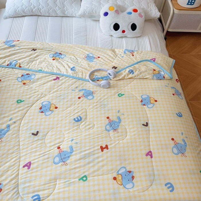 91家纺网 家纺一手货源 找家纺 兜米家居 2025夏季A类针织棉夏凉被小清新卡通双面针织棉空调被子被芯 字母小象