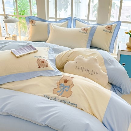 91家纺网 家纺一手货源 找家纺 （总）小傻瓜家纺直播爆款·100%全棉刺绣四件套轻奢纯色绣花纯棉套件礼盒装吉吉系列