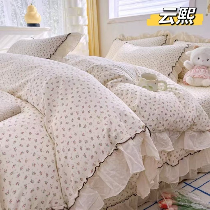 91家纺网 家纺一手货源 找家纺 （总）纯棉床盖三件套260×240法式全棉床裙花边 纯棉夹棉床盖