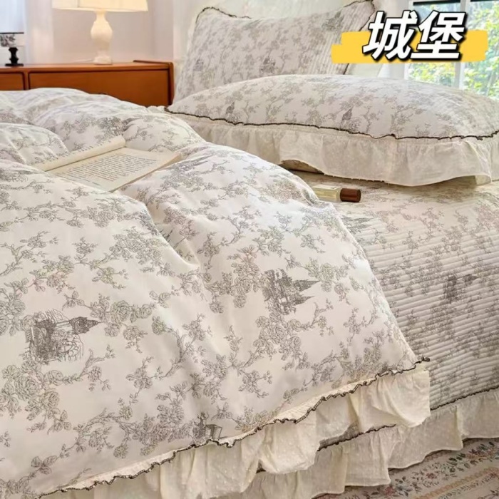 91家纺网 家纺一手货源 找家纺 （总）纯棉床盖三件套260×240法式全棉床裙花边 纯棉夹棉床盖