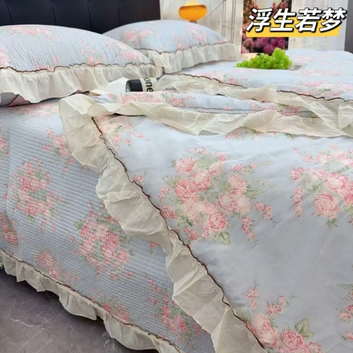 91家纺网 家纺一手货源 找家纺 （总）纯棉床盖三件套260×240法式全棉床裙花边 纯棉夹棉床盖