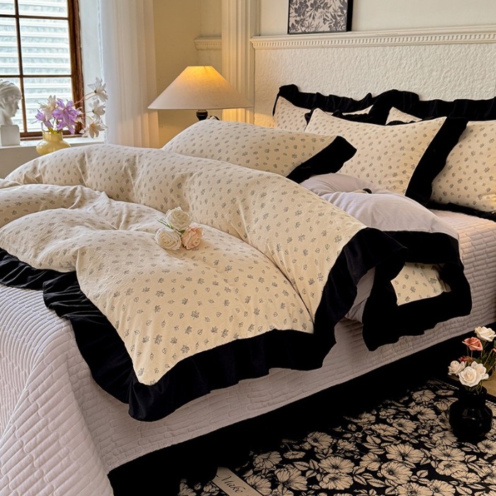 91家纺网 家纺一手货源 找家纺 苏米娜家纺法式A类母婴级针织双层纱法式复古赫本风床盖款四件套全棉纯棉麻泡泡棉小竺棉超柔水洗棉床单床盖款四件套 赫本风-南木