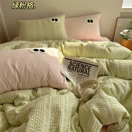 顾里家纺 2025新款大眼混搭色织水洗棉毛巾绣套件 绿粉格