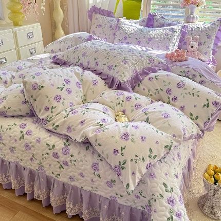 九诺家纺 2025新款韩式云朵棉印花床盖四件套 满庭香-紫