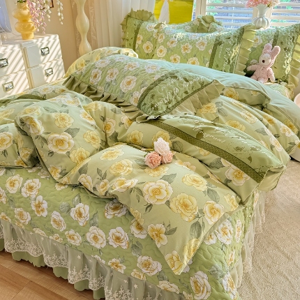 九诺家纺 2025新款韩式云朵棉印花床盖四件套 浪漫花季