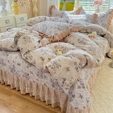 九诺家纺 2025新款韩式云朵棉印花床盖四件套 河畔花梦