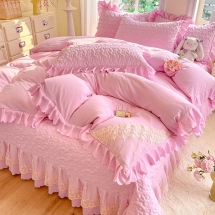 九诺家纺 2025新款花夕云朵棉蕾丝花边床盖四件套 花夕-樱花粉