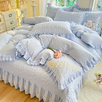 九诺家纺 2025新款花夕云朵棉蕾丝花边床盖四件套 花夕-天空蓝