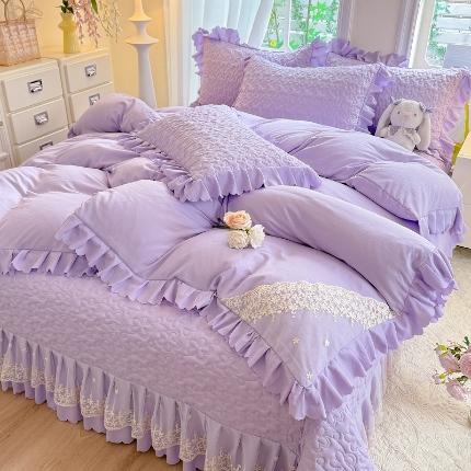 九诺家纺 2025新款花夕云朵棉蕾丝花边床盖四件套 花夕-浅紫