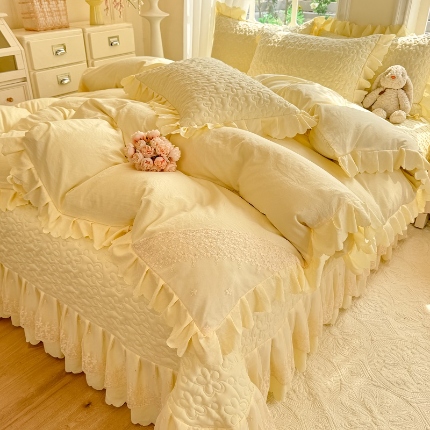 九诺家纺 2025新款花夕云朵棉蕾丝花边床盖四件套 花夕-奶黄