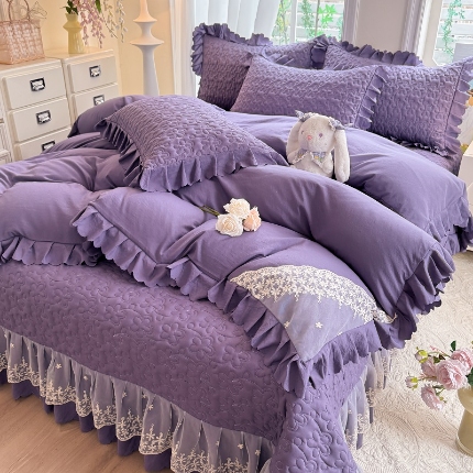 九诺家纺 2025新款花夕云朵棉蕾丝花边床盖四件套 花夕-浪漫紫