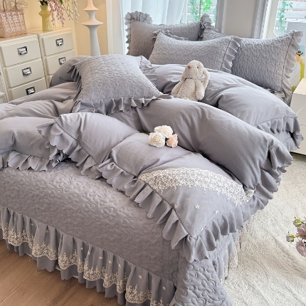 九诺家纺 2025新款花夕云朵棉蕾丝花边床盖四件套 花夕-高级灰