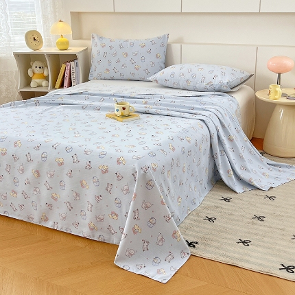 91家纺网 家纺一手货源 找家纺 （总）2025新品清新卡通印花缎条老粗布三件套床品套件床上用品