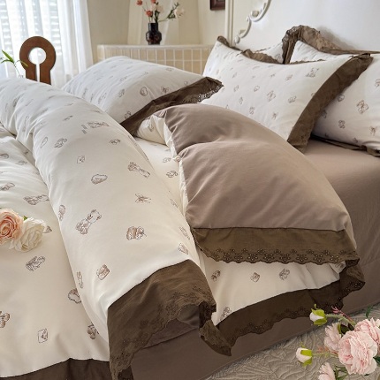 91家纺网 家纺一手货源 找家纺 （总）苏米娜家纺2025韩版复古花边针织棉双层纱四件套A类母婴级有氧双层纱针织棉亲肤小清新印花